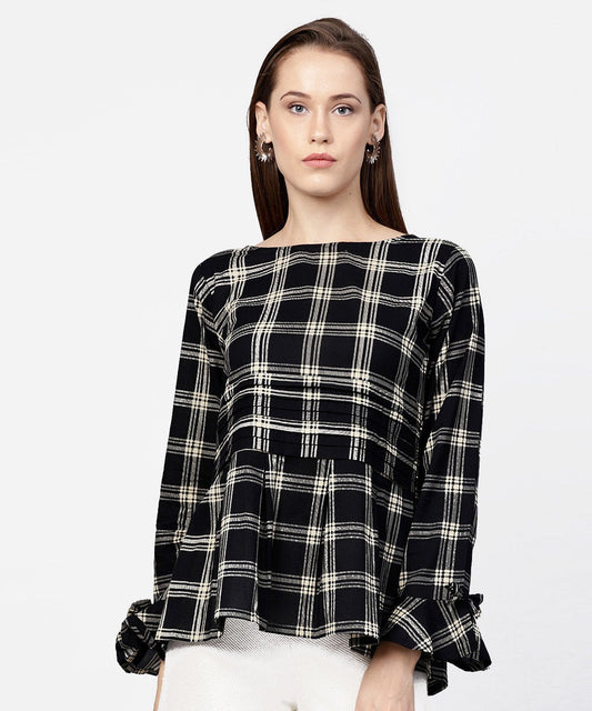Black Check Peplum Style Tops With Flared Sleeve | LASVINI - Redefining Indian Fashion with Elegance