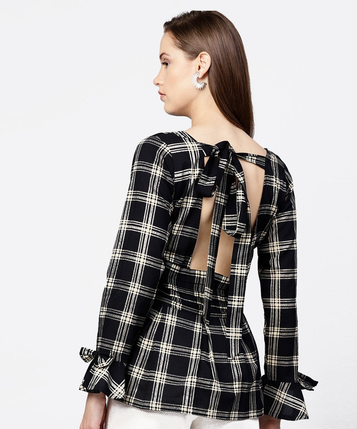 Black Check Peplum Style Tops With Flared Sleeve | LASVINI - Redefining Indian Fashion with Elegance