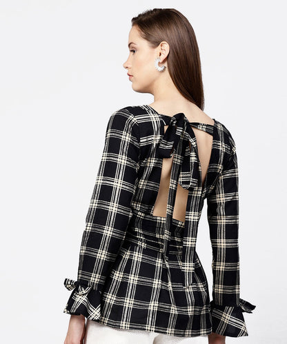 Black Check Peplum Style Tops With Flared Sleeve | LASVINI - Redefining Indian Fashion with Elegance