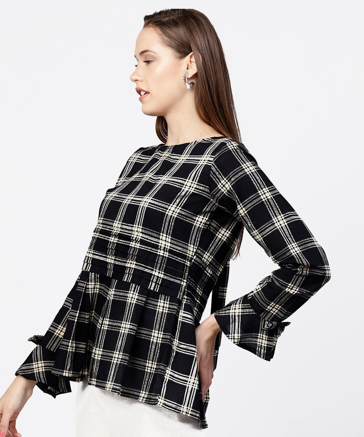Black Check Peplum Style Tops With Flared Sleeve | LASVINI - Redefining Indian Fashion with Elegance