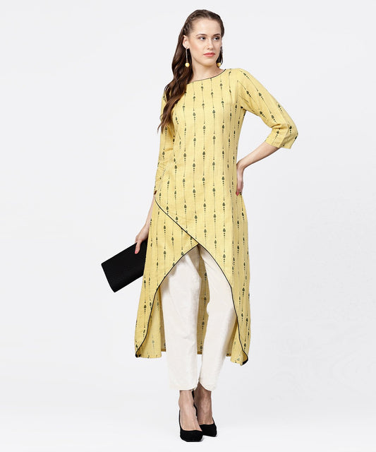 Yellow Printed 3/4Th Sleeve Asymmetric A-Line Kurta | LASVINI - Redefining Indian Fashion with Elegance