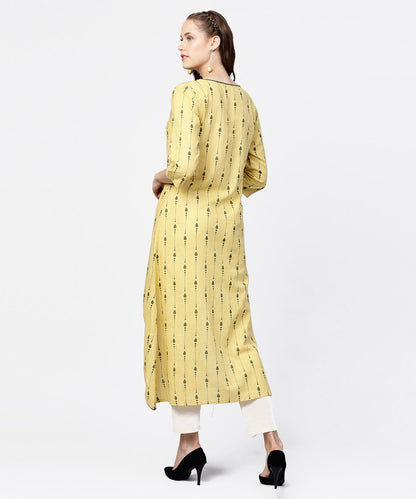 Yellow Printed 3/4Th Sleeve Asymmetric A-Line Kurta | LASVINI - Redefining Indian Fashion with Elegance