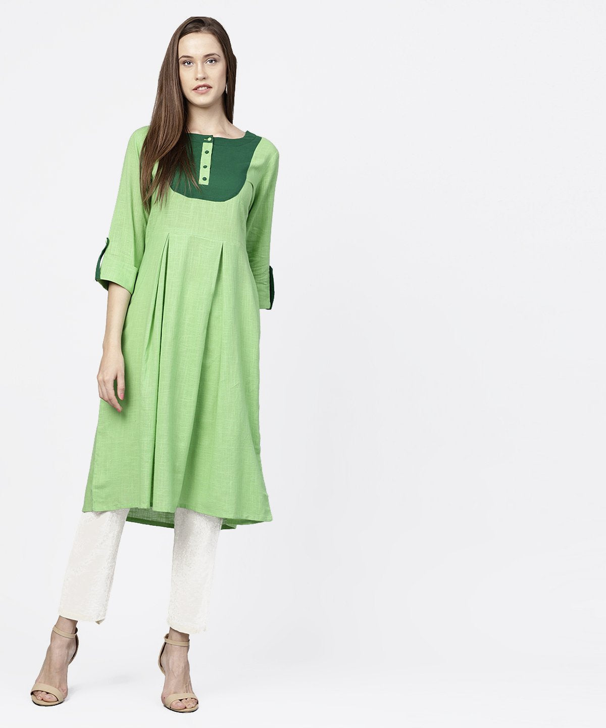 Solid Green 3/4Th Sleeve Flap Style Sleeve A-Line Kurta | LASVINI - Redefining Indian Fashion with Elegance