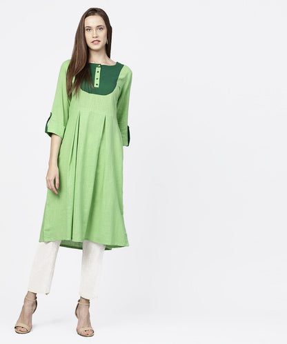 Solid Green 3/4Th Sleeve Flap Style Sleeve A-Line Kurta | LASVINI - Redefining Indian Fashion with Elegance