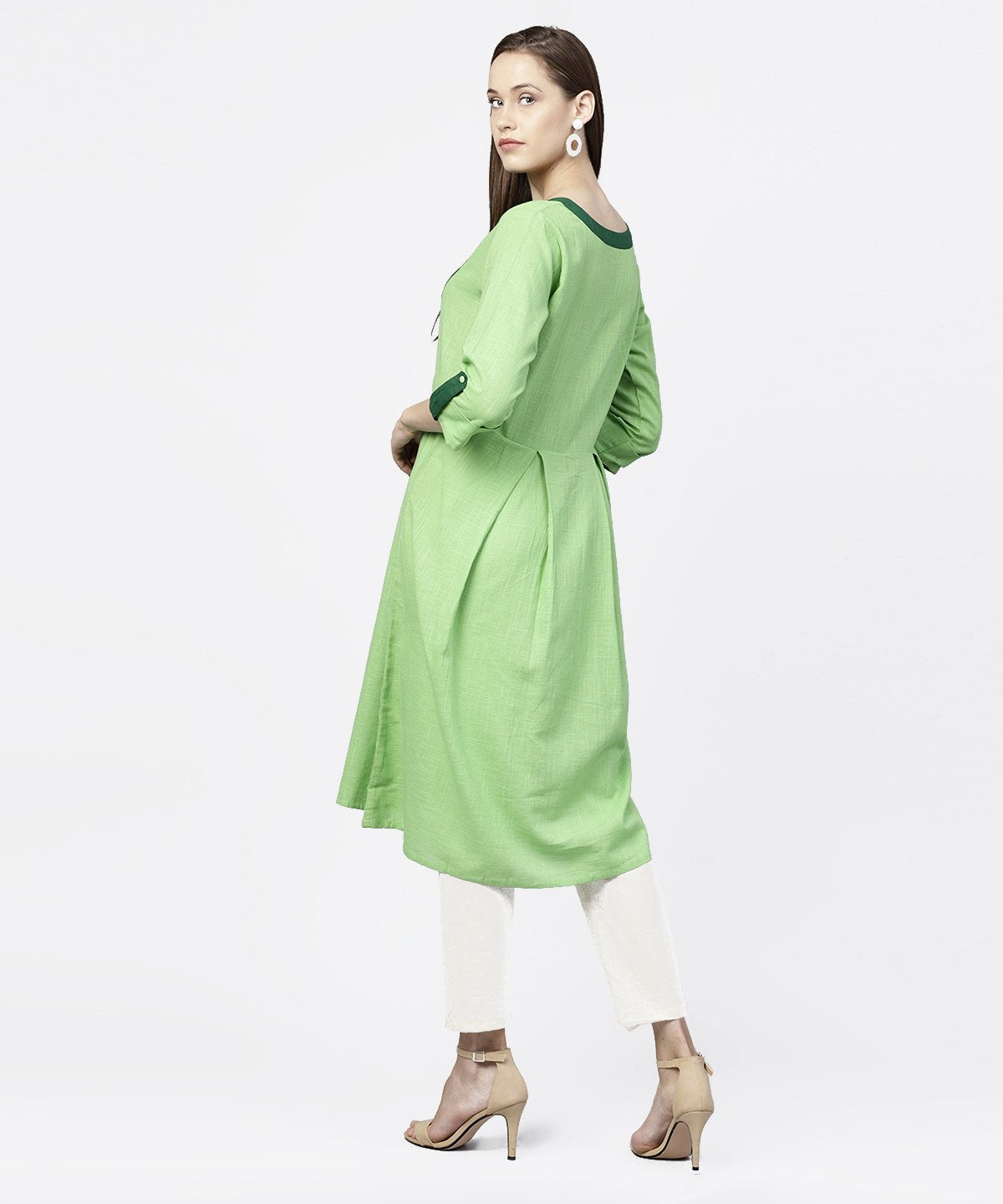 Solid Green 3/4Th Sleeve Flap Style Sleeve A-Line Kurta | LASVINI - Redefining Indian Fashion with Elegance