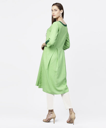 Solid Green 3/4Th Sleeve Flap Style Sleeve A-Line Kurta | LASVINI - Redefining Indian Fashion with Elegance