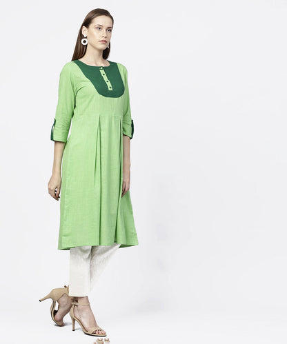 Solid Green 3/4Th Sleeve Flap Style Sleeve A-Line Kurta | LASVINI - Redefining Indian Fashion with Elegance