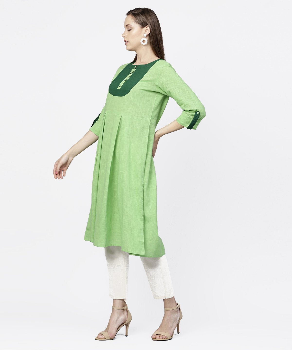 Solid Green 3/4Th Sleeve Flap Style Sleeve A-Line Kurta | LASVINI - Redefining Indian Fashion with Elegance