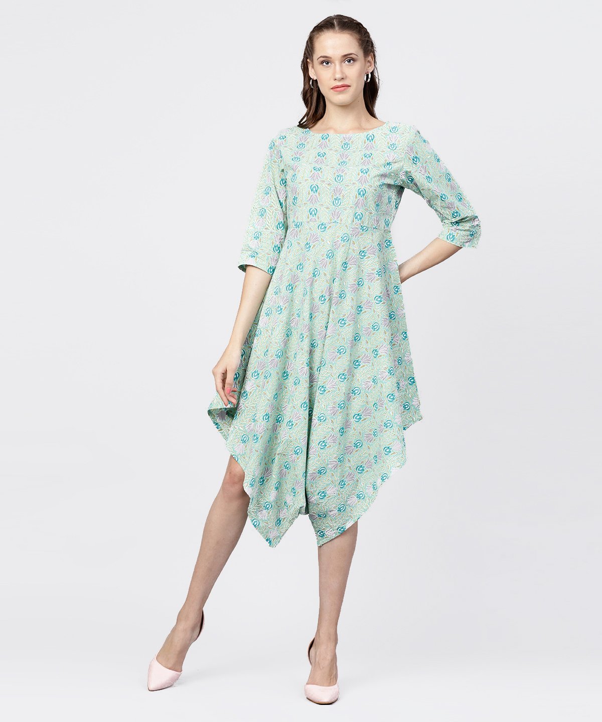 Printed Boat Neck 3/4Th Sleeve Jumpsuit | LASVINI - Redefining Indian Fashion with Elegance