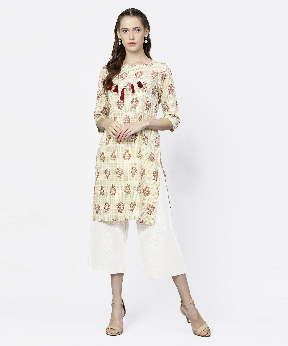 Off White Printed 3/4Th Sleeve Tunic | LASVINI - Redefining Indian Fashion with Elegance