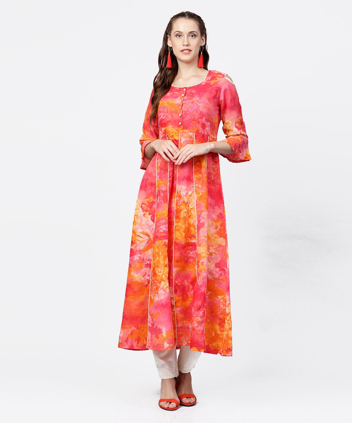 Red Printed 3/4Th Flared Sleeve Round Neck Anarkali Kurta | LASVINI - Redefining Indian Fashion with Elegance