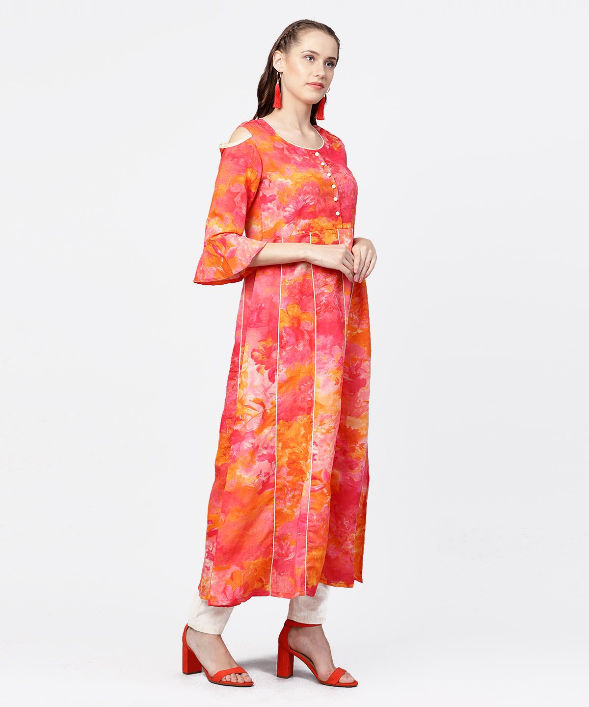 Red Printed 3/4Th Flared Sleeve Round Neck Anarkali Kurta | LASVINI - Redefining Indian Fashion with Elegance