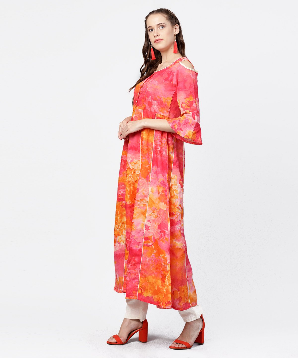 Red Printed 3/4Th Flared Sleeve Round Neck Anarkali Kurta | LASVINI - Redefining Indian Fashion with Elegance