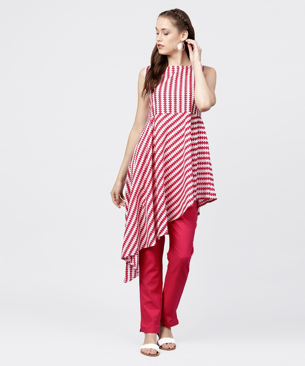 Maroon Printed Sleeveless Assymetrical Kurta With Solid Dye Pant Set | LASVINI - Redefining Indian Fashion with Elegance