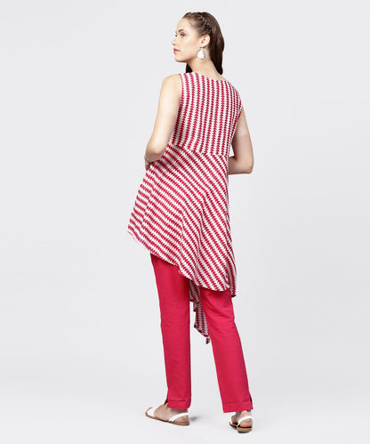 Maroon Printed Sleeveless Assymetrical Kurta With Solid Dye Pant Set | LASVINI - Redefining Indian Fashion with Elegance