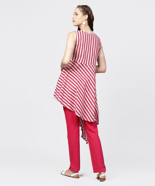 Maroon Printed Sleeveless Assymetrical Kurta With Solid Dye Pant Set | LASVINI - Redefining Indian Fashion with Elegance