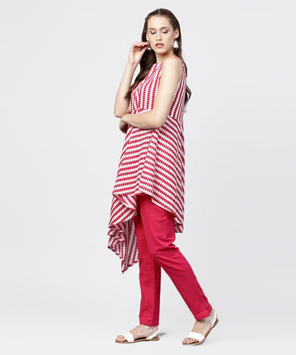 Maroon Printed Sleeveless Assymetrical Kurta With Solid Dye Pant Set | LASVINI - Redefining Indian Fashion with Elegance