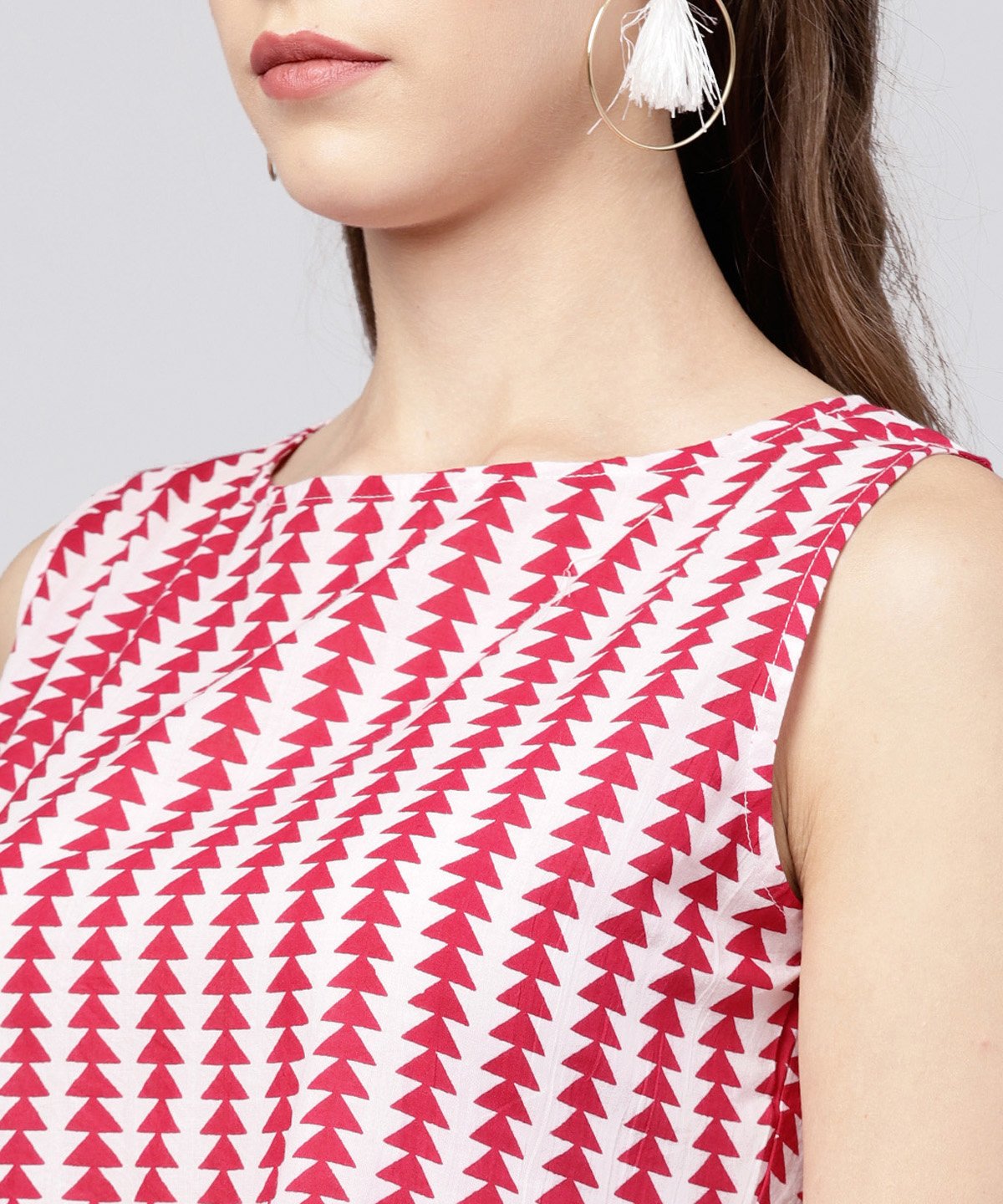 Maroon Printed Sleeveless Assymetrical Kurta With Solid Dye Pant Set | LASVINI - Redefining Indian Fashion with Elegance