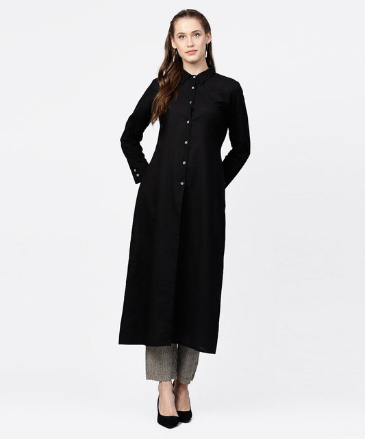 Black Front Open Full Sleeve Kurta With Grey Printed Palazzo | LASVINI - Redefining Indian Fashion with Elegance