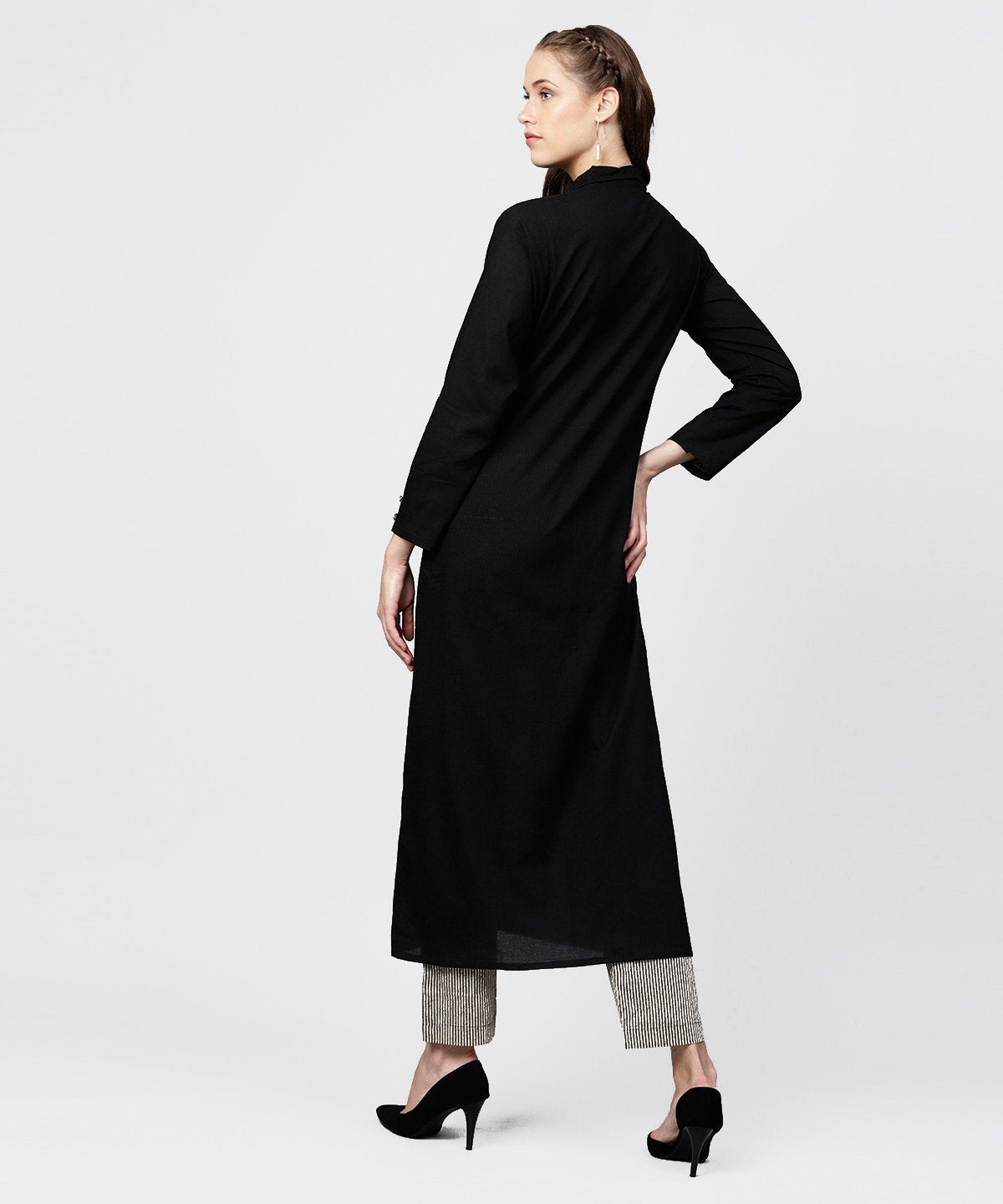 Black Front Open Full Sleeve Kurta With Grey Printed Palazzo | LASVINI - Redefining Indian Fashion with Elegance