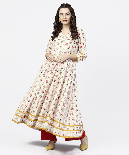 White Printed 3/4Th Sleeve Angrakha Style Anarkali Kurta | LASVINI - Redefining Indian Fashion with Elegance