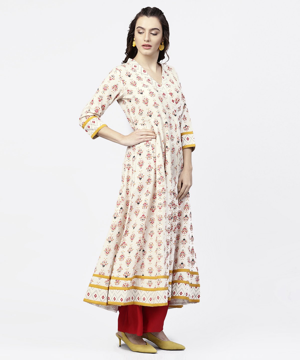 White Printed 3/4Th Sleeve Angrakha Style Anarkali Kurta | LASVINI - Redefining Indian Fashion with Elegance