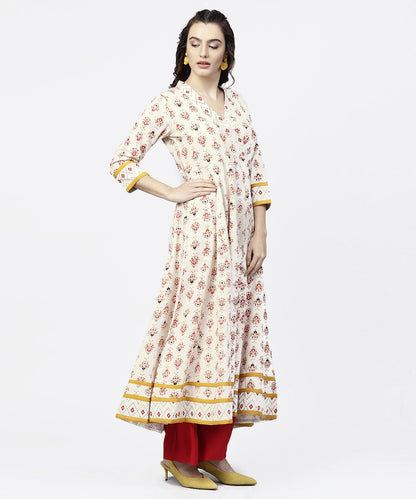 White Printed 3/4Th Sleeve Angrakha Style Anarkali Kurta | LASVINI - Redefining Indian Fashion with Elegance