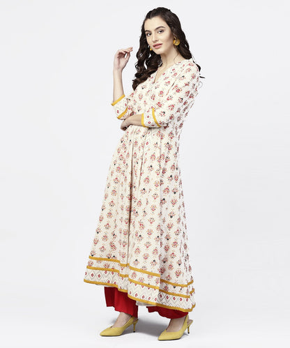 White Printed 3/4Th Sleeve Angrakha Style Anarkali Kurta | LASVINI - Redefining Indian Fashion with Elegance