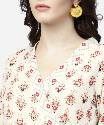 White Printed 3/4Th Sleeve Angrakha Style Anarkali Kurta | LASVINI - Redefining Indian Fashion with Elegance