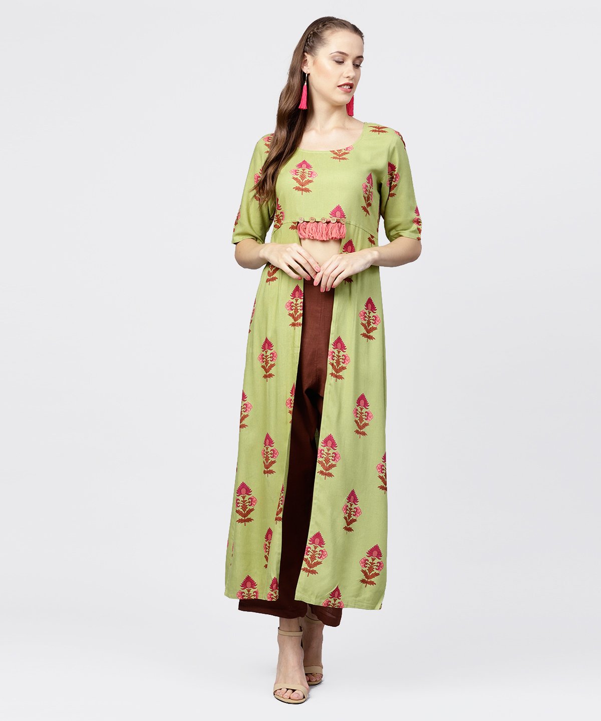 Green Printed Half Sleeve Front Slit Kurta With Solid Brown Straight Pant | LASVINI - Redefining Indian Fashion with Elegance