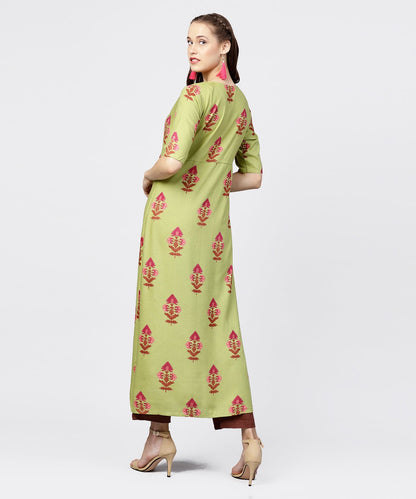 Green Printed Half Sleeve Front Slit Kurta With Solid Brown Straight Pant | LASVINI - Redefining Indian Fashion with Elegance