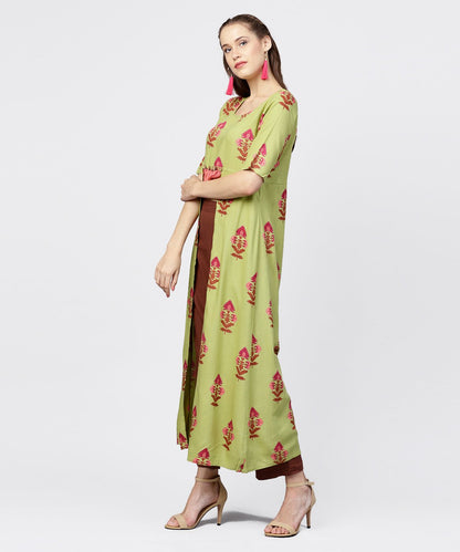 Green Printed Half Sleeve Front Slit Kurta With Solid Brown Straight Pant | LASVINI - Redefining Indian Fashion with Elegance