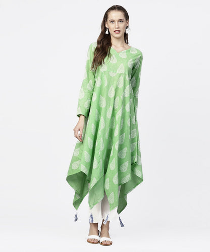 Green Printed 3/4Th Sleeve Assymetrical Kurta With White Palazzo | LASVINI - Redefining Indian Fashion with Elegance