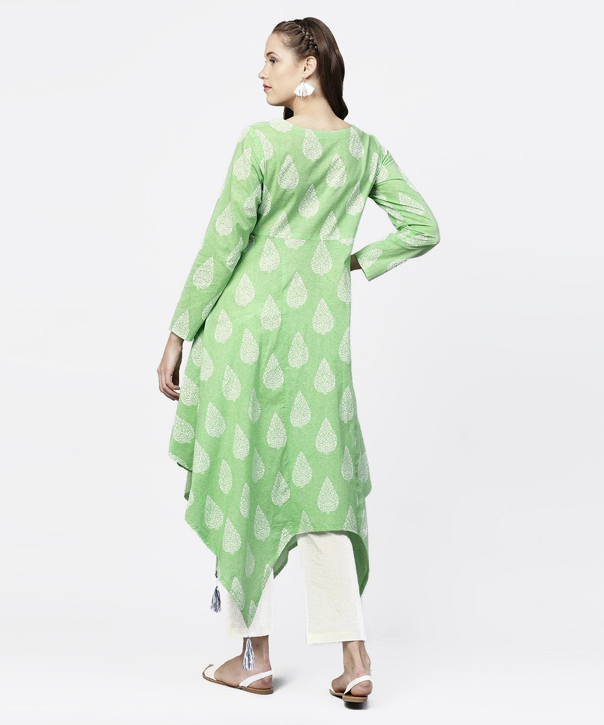 Green Printed 3/4Th Sleeve Assymetrical Kurta With White Palazzo | LASVINI - Redefining Indian Fashion with Elegance