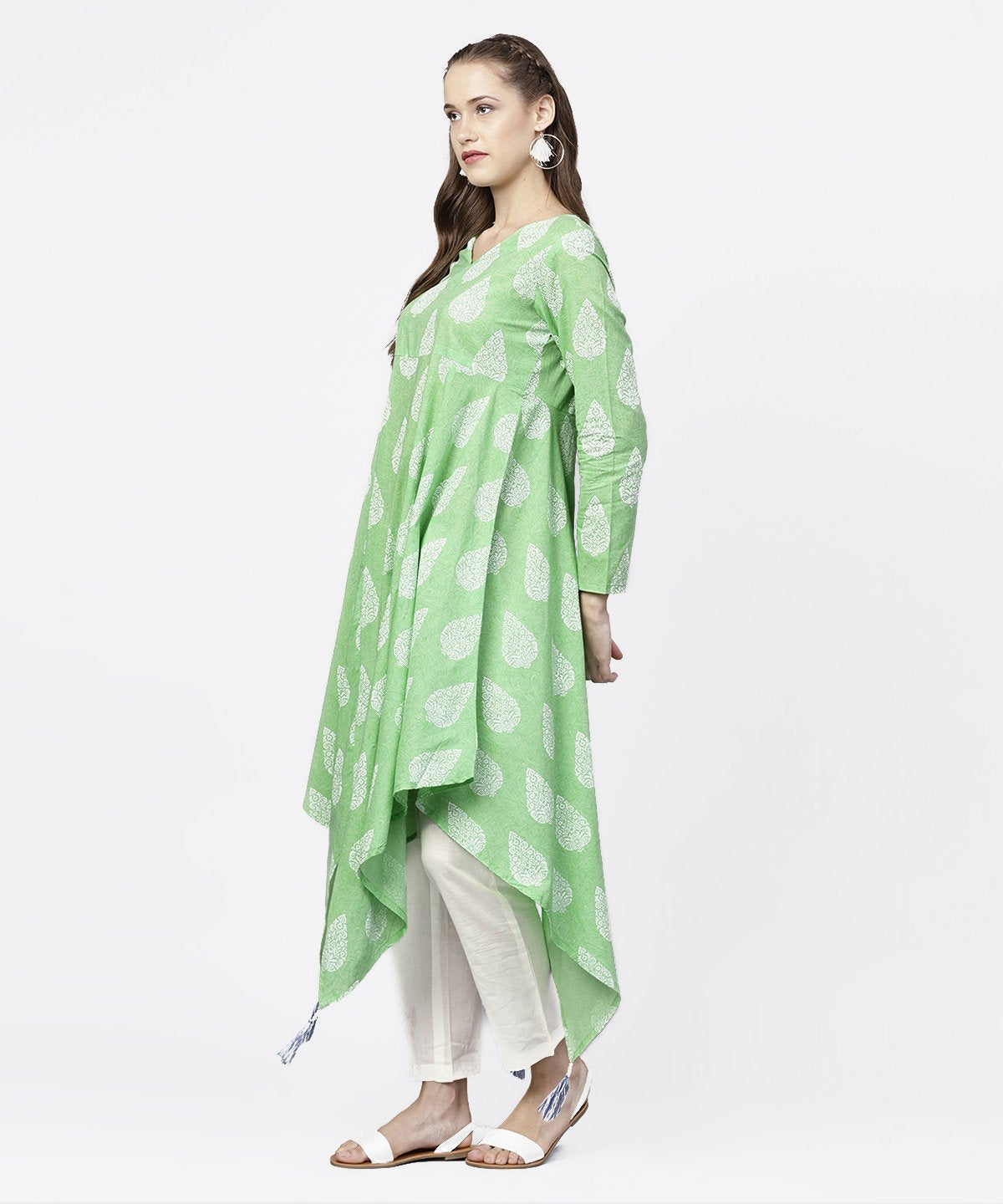 Green Printed 3/4Th Sleeve Assymetrical Kurta With White Palazzo | LASVINI - Redefining Indian Fashion with Elegance