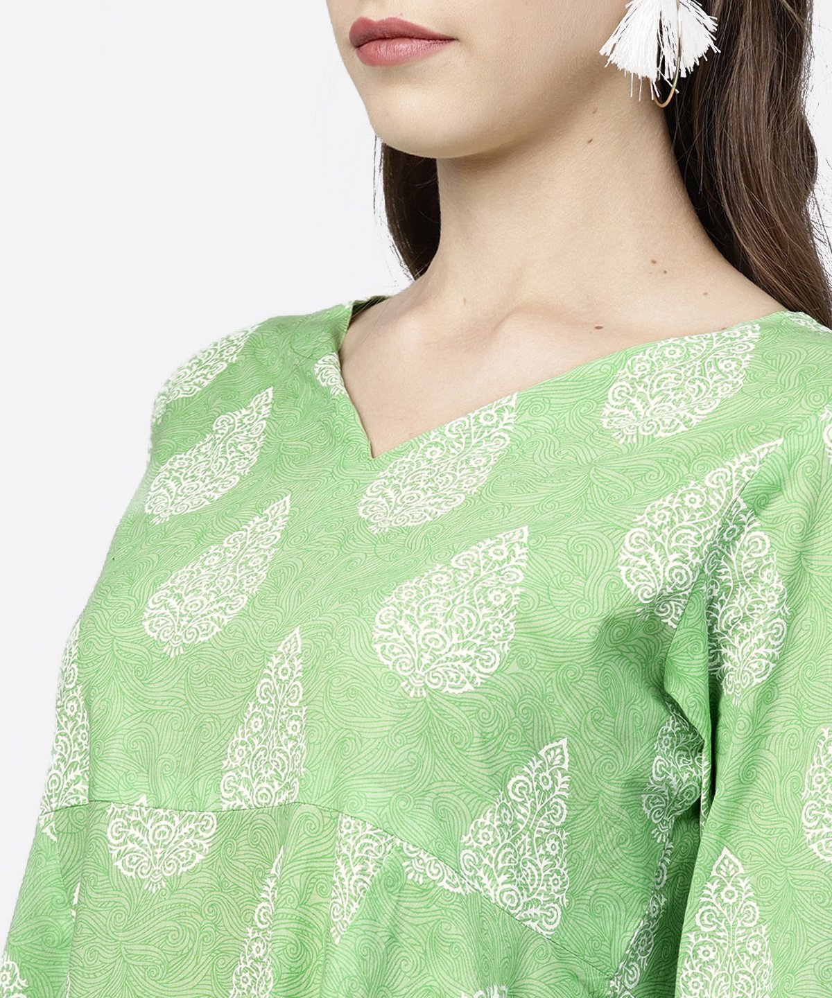 Green Printed 3/4Th Sleeve Assymetrical Kurta With White Palazzo | LASVINI - Redefining Indian Fashion with Elegance