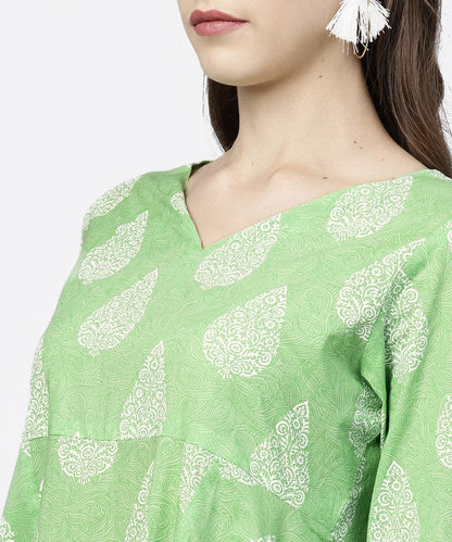 Green Printed 3/4Th Sleeve Assymetrical Kurta With White Palazzo | LASVINI - Redefining Indian Fashion with Elegance