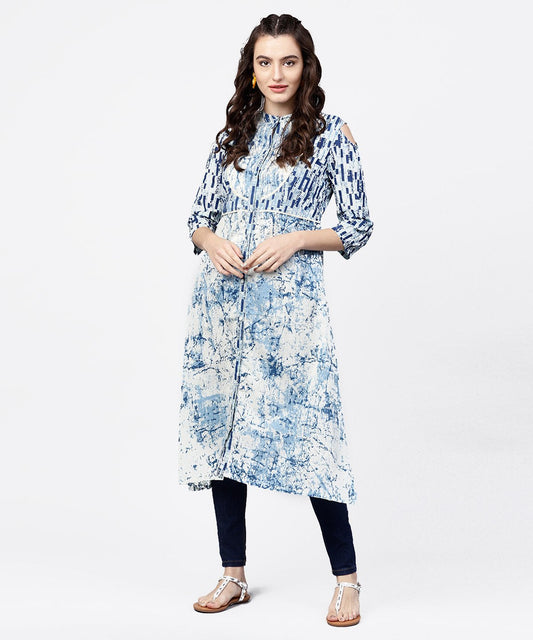 Blue Printed 3/4Th Cold Shoulder Sleeve A-Line Kurta | LASVINI - Redefining Indian Fashion with Elegance