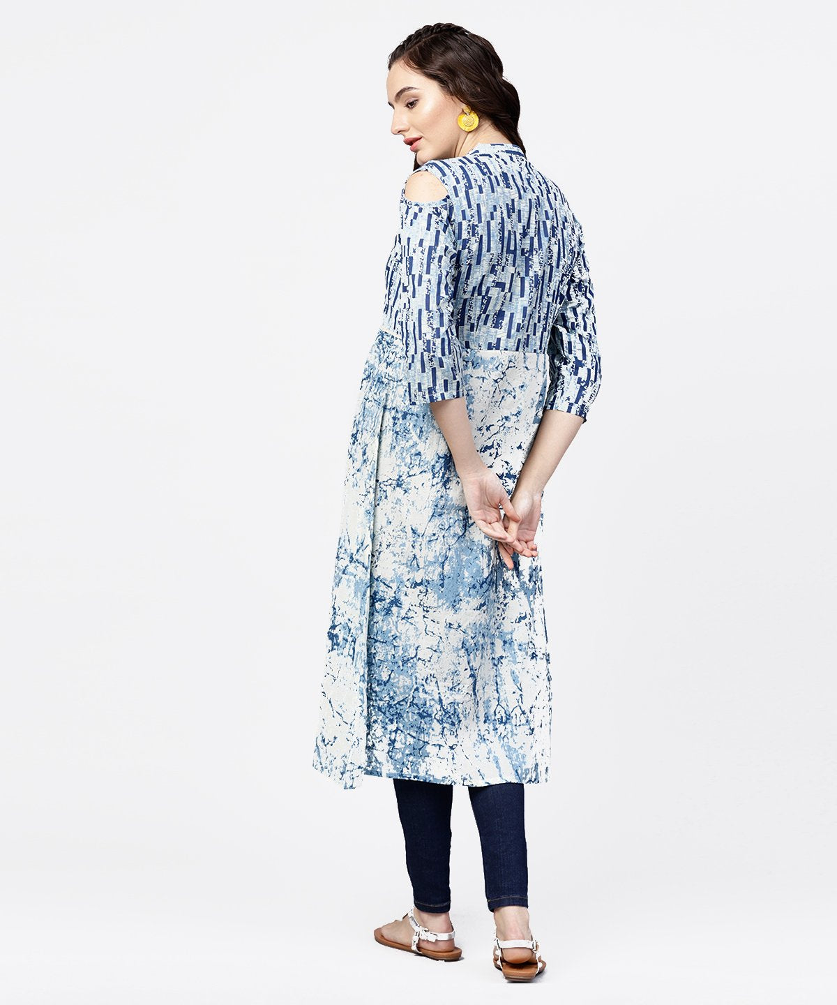 Blue Printed 3/4Th Cold Shoulder Sleeve A-Line Kurta | LASVINI - Redefining Indian Fashion with Elegance