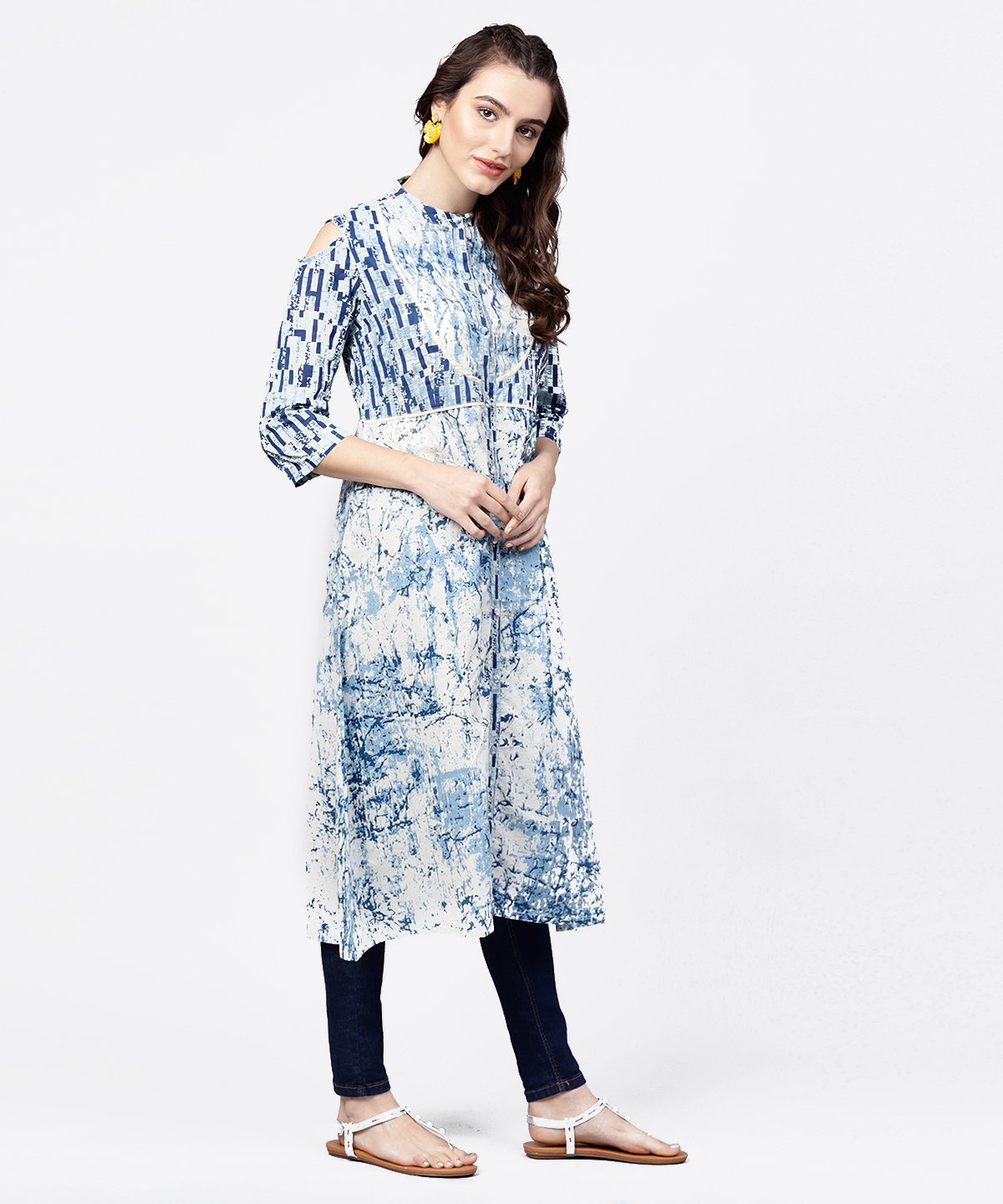 Blue Printed 3/4Th Cold Shoulder Sleeve A-Line Kurta | LASVINI - Redefining Indian Fashion with Elegance