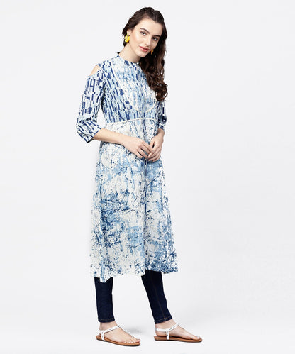 Blue Printed 3/4Th Cold Shoulder Sleeve A-Line Kurta | LASVINI - Redefining Indian Fashion with Elegance