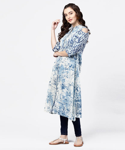 Blue Printed 3/4Th Cold Shoulder Sleeve A-Line Kurta | LASVINI - Redefining Indian Fashion with Elegance