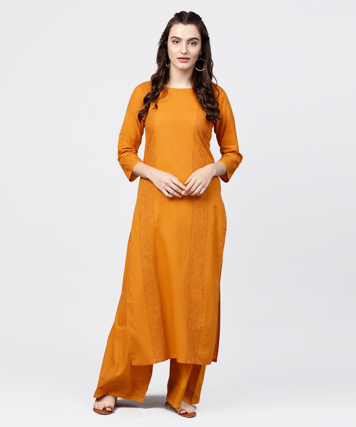 Yellow 3/4Th Sleeve Block Printed Kurta With Solid Palazzo | LASVINI - Redefining Indian Fashion with Elegance