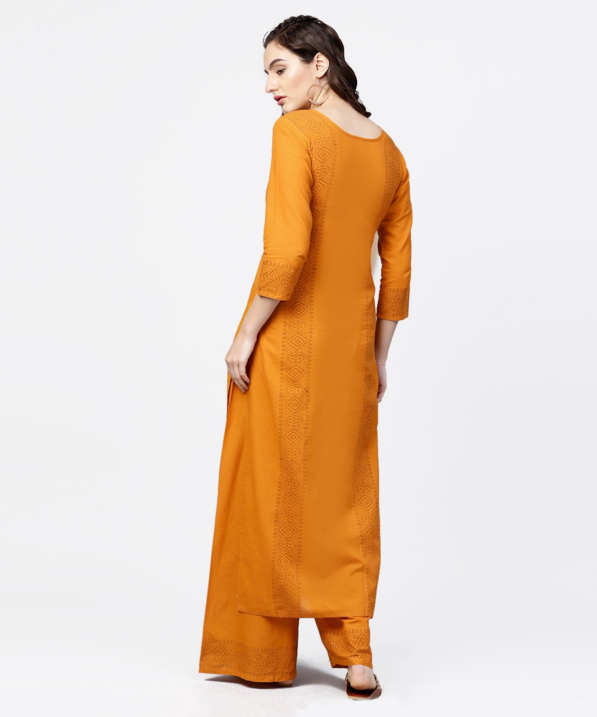 Yellow 3/4Th Sleeve Block Printed Kurta With Solid Palazzo | LASVINI - Redefining Indian Fashion with Elegance