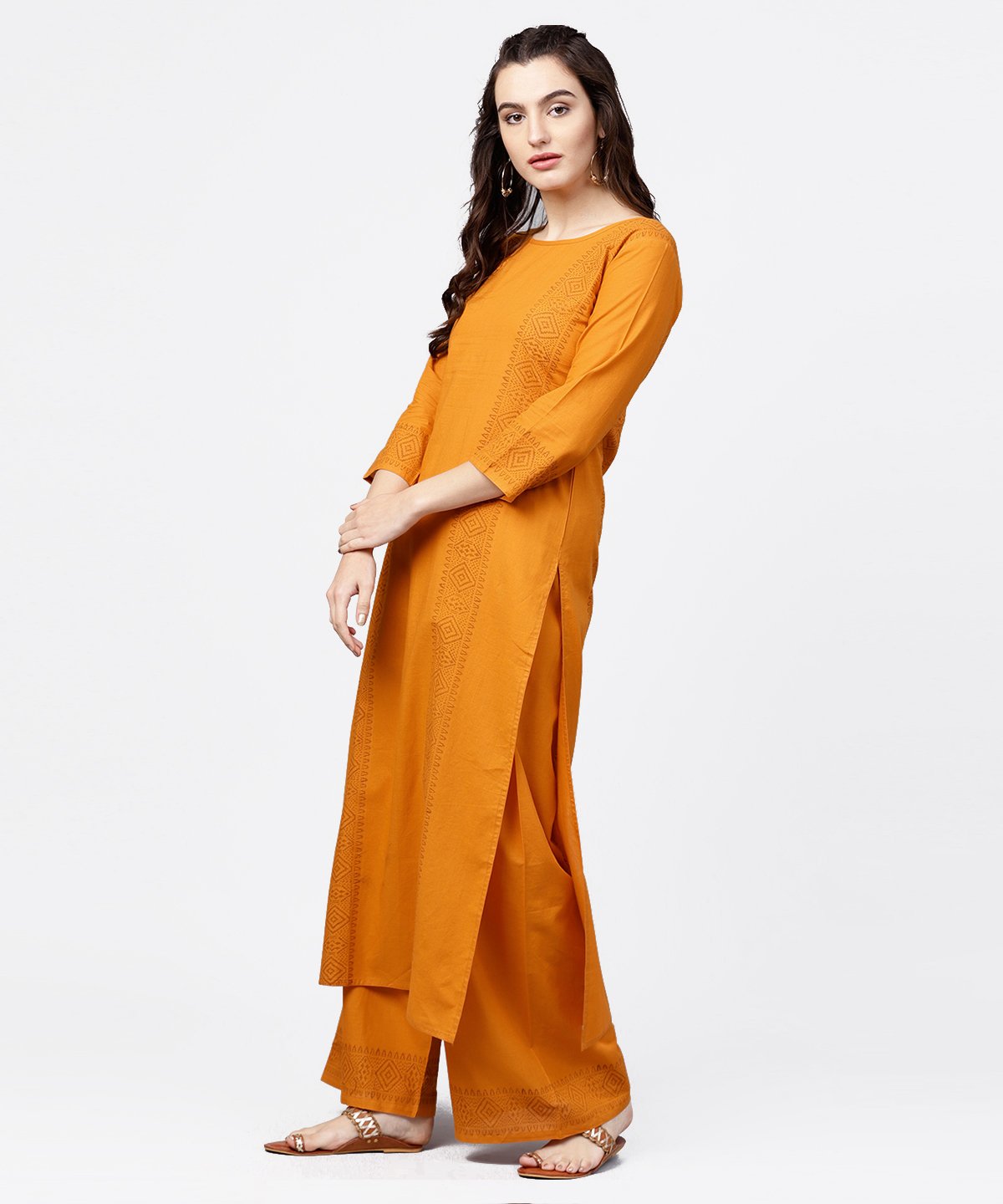 Yellow 3/4Th Sleeve Block Printed Kurta With Solid Palazzo | LASVINI - Redefining Indian Fashion with Elegance