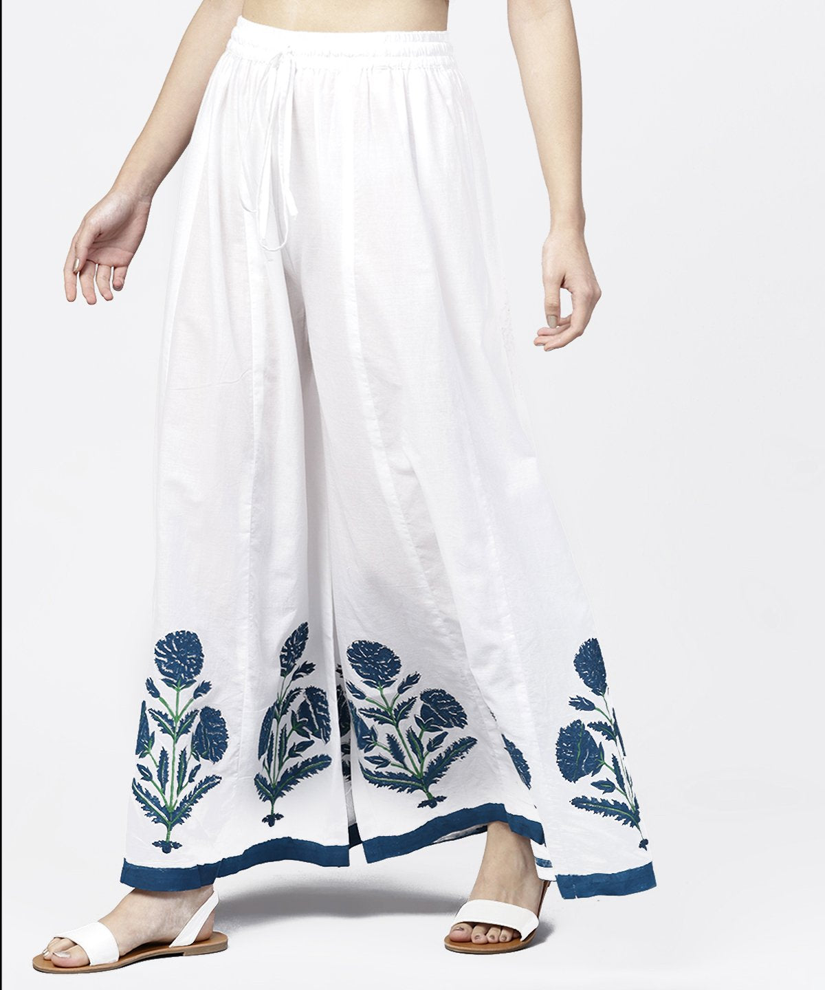 Solid White Hand Block Printed Flared Palazzo | LASVINI - Redefining Indian Fashion with Elegance