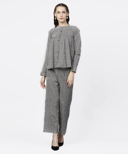 Black Striped Full Sleeve A-Line Top With Regular Fit Palazzo Set | LASVINI - Redefining Indian Fashion with Elegance
