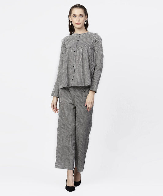 Black Striped Full Sleeve A-Line Top With Regular Fit Palazzo Set | LASVINI - Redefining Indian Fashion with Elegance