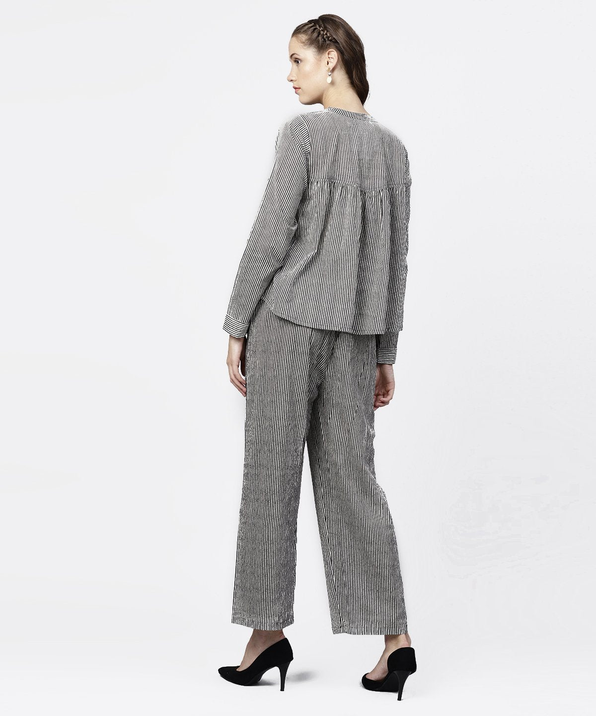 Black Striped Full Sleeve A-Line Top With Regular Fit Palazzo Set | LASVINI - Redefining Indian Fashion with Elegance