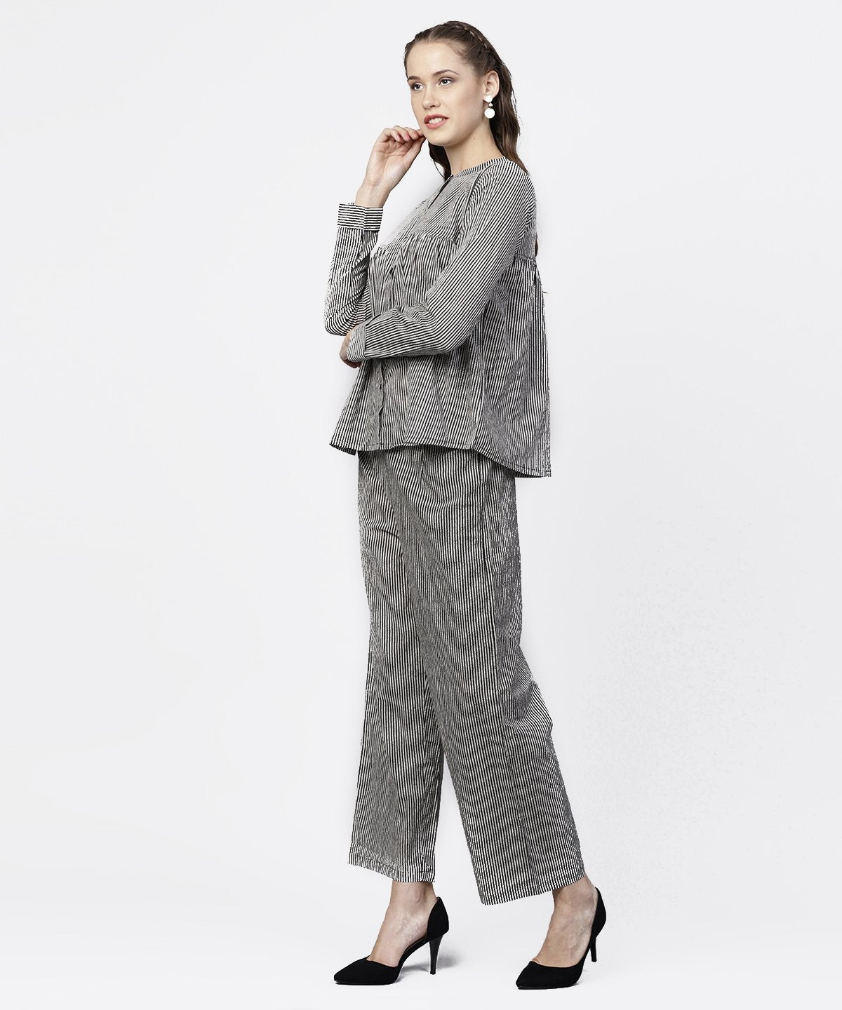 Black Striped Full Sleeve A-Line Top With Regular Fit Palazzo Set | LASVINI - Redefining Indian Fashion with Elegance